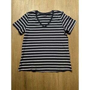 Pact Organic Cotton V-Neck Striped T-Shirt Navy White Short Sleeve Small